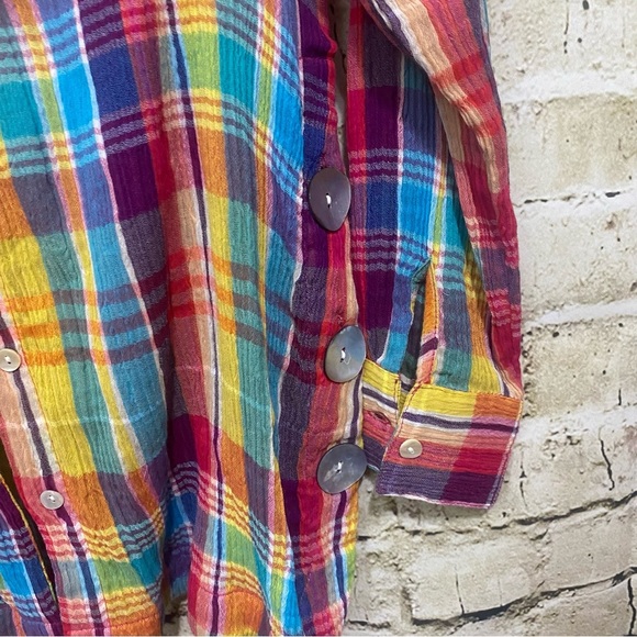 Soft Surroundings Kona Shores Gauze Plaid Button Detail Shirt Top - Picture 2 of 6